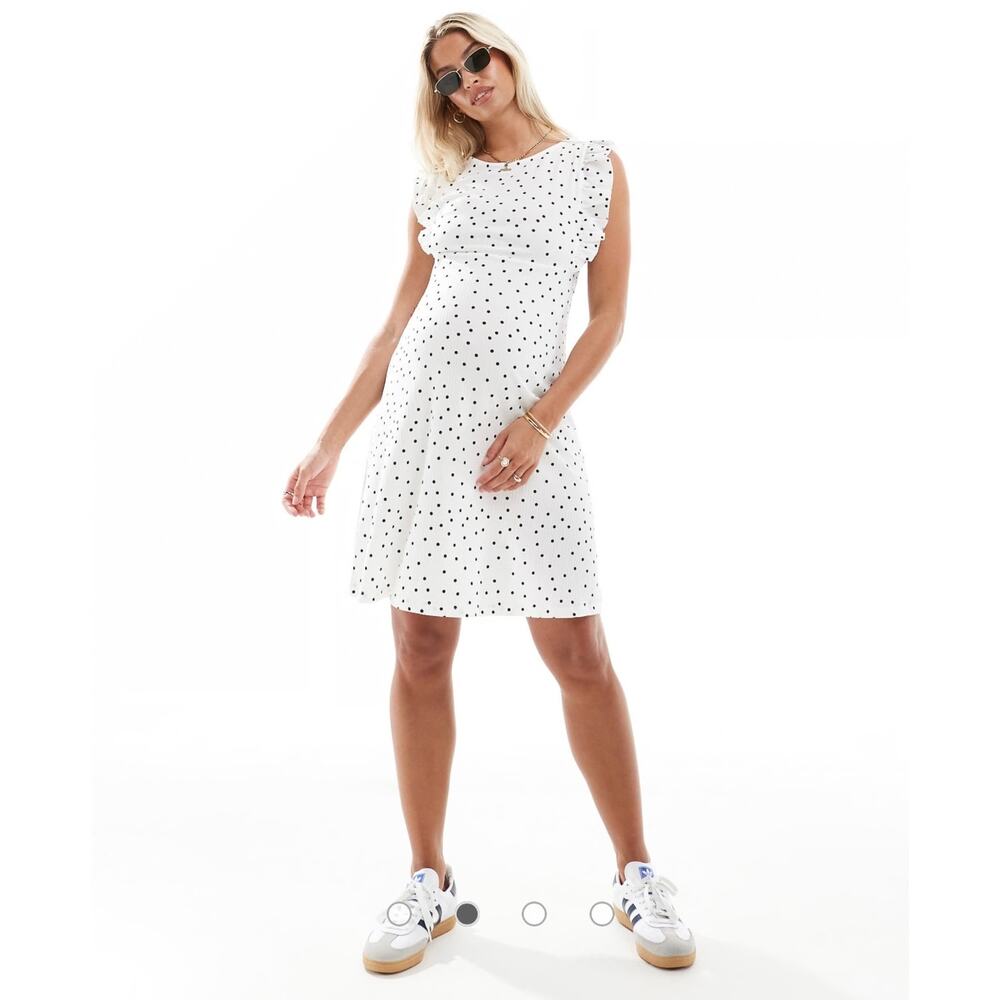 Mamalicious Maternity ruffle jersey knee dress Sz. M white polka dot print